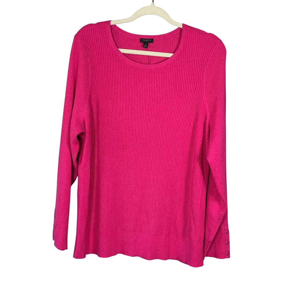 Talbots Plus Hot Pink Ribbed Knit Crew Neck Sweater Button Cuff 2X NEW